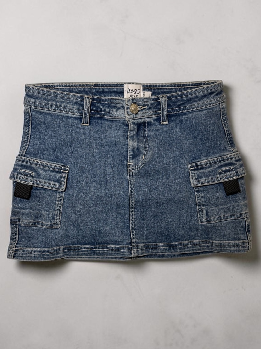 Princess Polly Denim Cargo Mini Skirt Blue Low Rise Utility Pocket Stretch Sz 2 - Picture 5 of 7